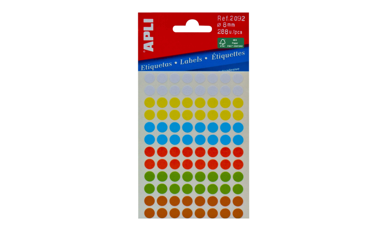 APLI Coloured 8mm Circular Labels 288 per Pack  - 6 Asstd Colours