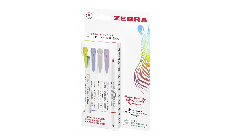 Zebra Mildliner Double Ended, Brush & Fine tip. Cool & Refined assorted - 5 Pack