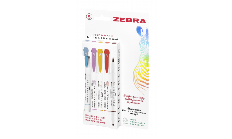Zebra Mildliner Double Ended, Brush & Fine tip. Deep & Warm assorted - 5 Pack