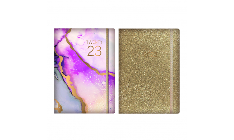A5 Deluxe 2023 Desk Weekly Diaries, Marble & Glitter with Elastic Strap, 2 Asstd