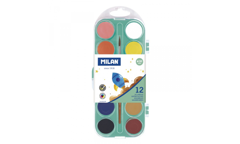 Milan Watercolour Tablets 30mm with Brush, 12 Colours
