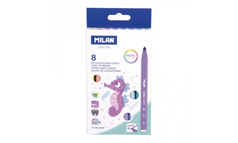 Milan Conical Fibre Tips, Pastel colours, Box of 8.