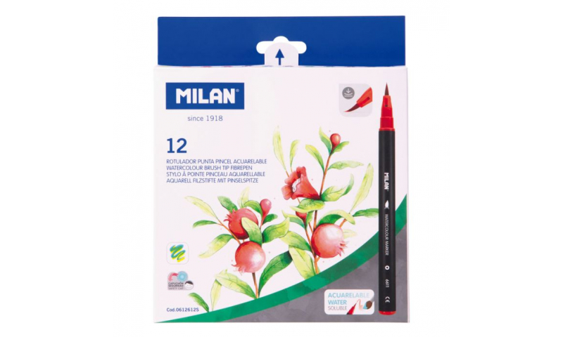 Milan Watercolour Flexy Brush Tip Fibre Pens, 12 pack.