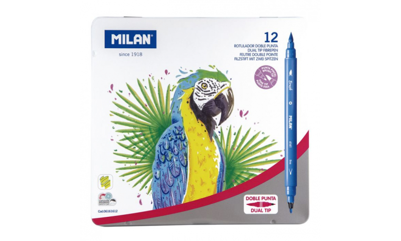 Milan Dual Tip, Brush / Fine Fibre Pen, Tin of 12 colours