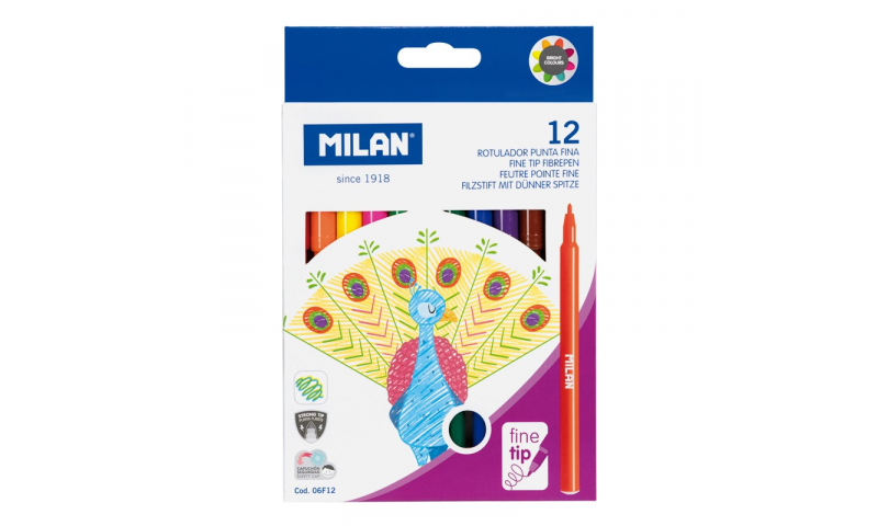 Milan Fine 2mm Point Washable Fibrepen Set of 12 Colours (New Lower Price for 2022)
