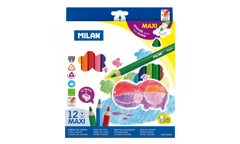 Milan Maxi Beginners Triangular Colour Pencils with FREE sharpener, Pack of 12 colours
