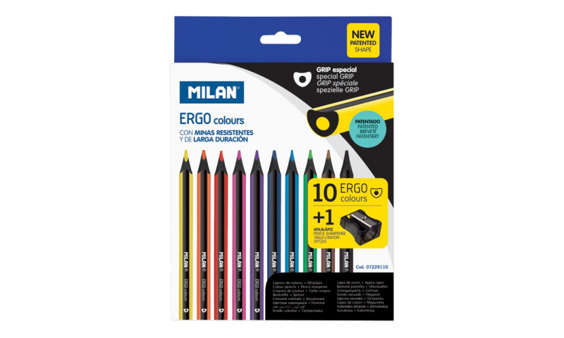 Milan Ergo Grip, Black wood Luxury Coloured Pencils, 10pk with Sharpener