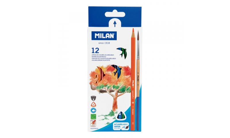 Milan Colouring Pencils, Water soluble with paint brush, box of 12