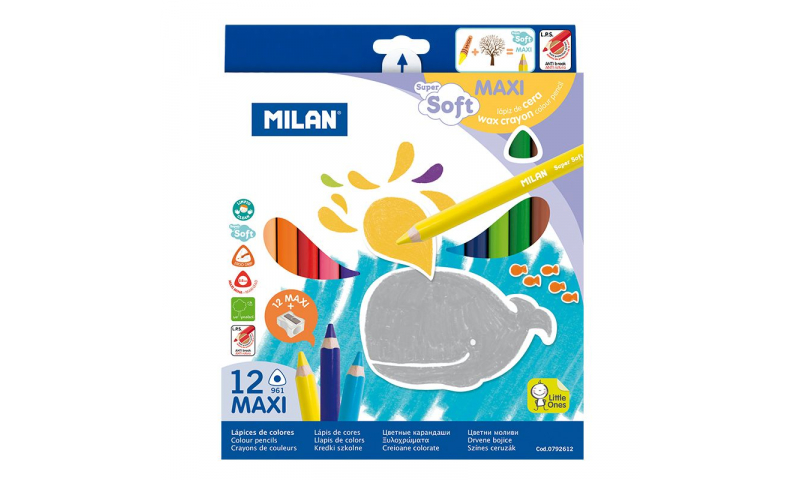Milan Maxi Super Soft Colouring Crayon Pencils + sharpener, Box of 12 Colours
