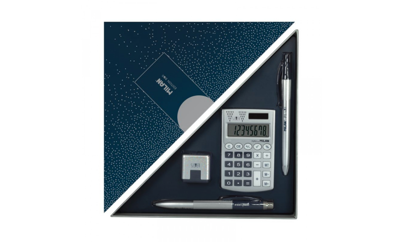 Milan Edition Box Silver set with Pen, Pencil, Eraser & Calculator
