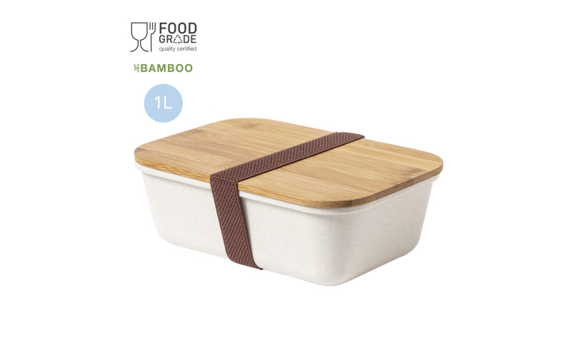 1Ltr Lunch Box with Sealed Bamboo lid & Strap, BPA free, 20 x 7 x 14 cm