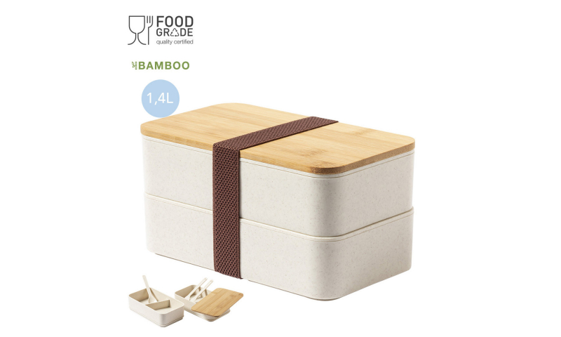 1.4Ltr Double Lunch Box with Bamboo sealed lid & strap, 18 x 9.6 x 10.6 cm