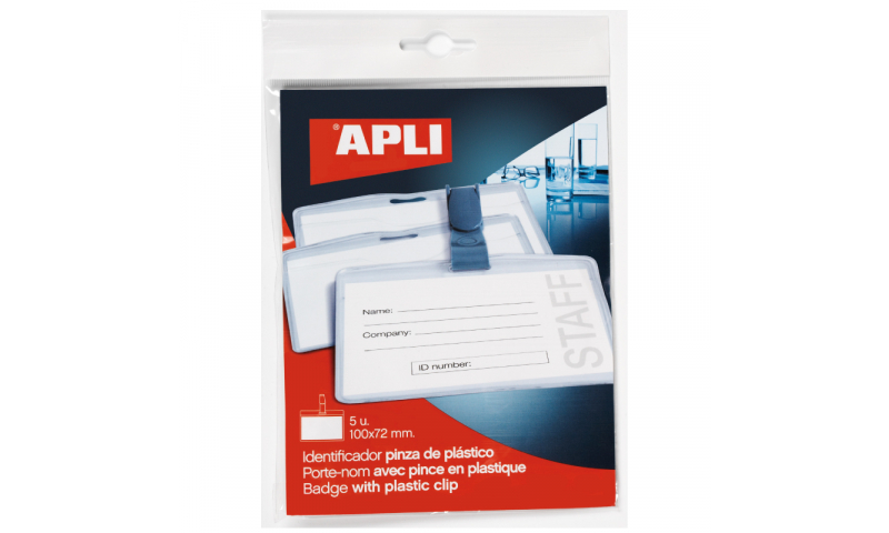 Apli 100x72mm Plastic Badges with Clip & Strap, 5 Pack, Hangcarded