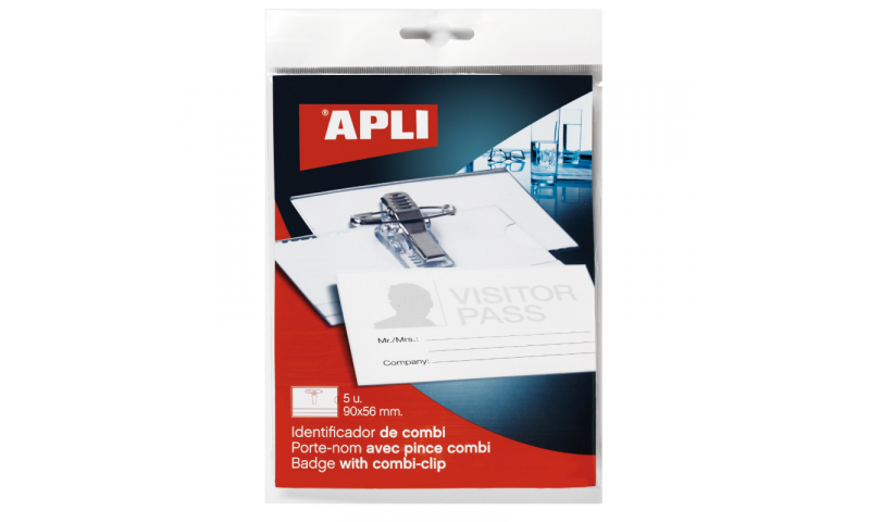 Apli Plastic 90x56 Combi & Pin Badge & Inserts, 5 Pack, Hangcarded