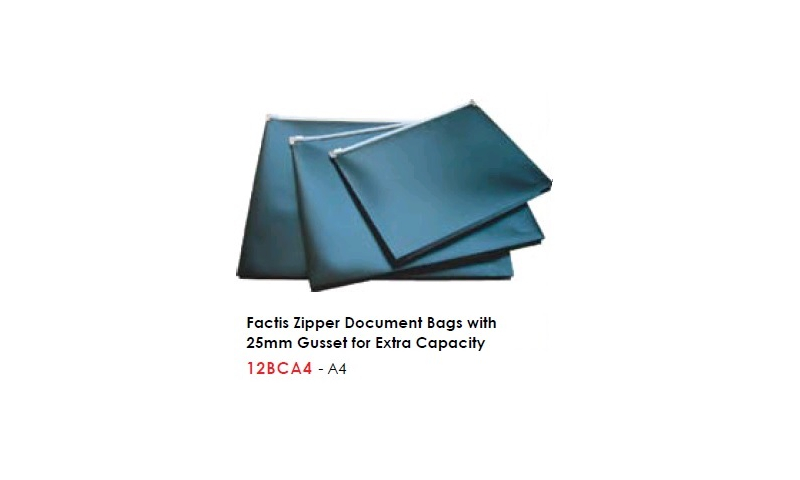 Factis A4 Zipper Document Bags with 25mm Gusset for Extra Capacity: On Special Offer