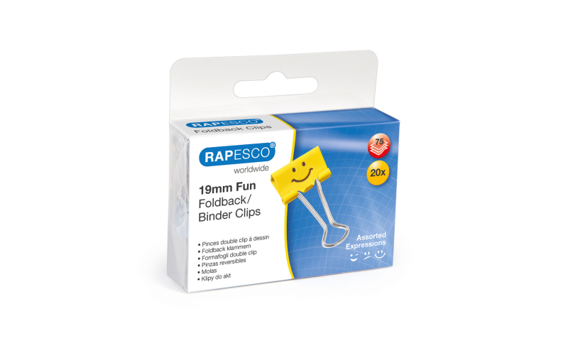 Rapesco Emoji Foldback Clips 19mm Yellow or Blue, Box of 20