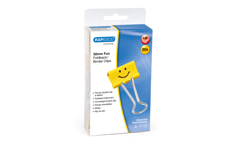 Rapesco Emoji Foldback Clips 32mm Yellow, Box of 20