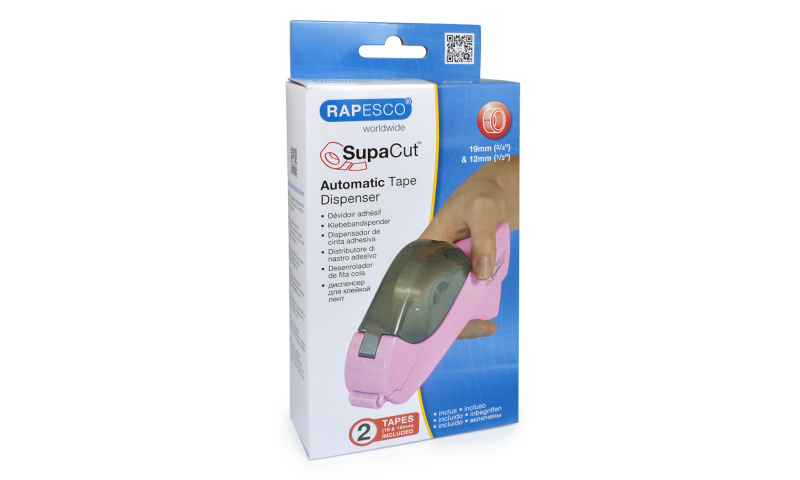 Rapesco Supacut Tape Dispenser & Auto Tape Cutter, with 2 Rolls of 19x33m Tape, 3 Colours