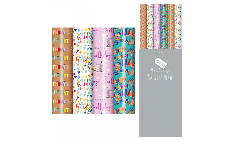 Gift Wrap Rolls, Happy Birthday designs, 3M, 4 assorted.