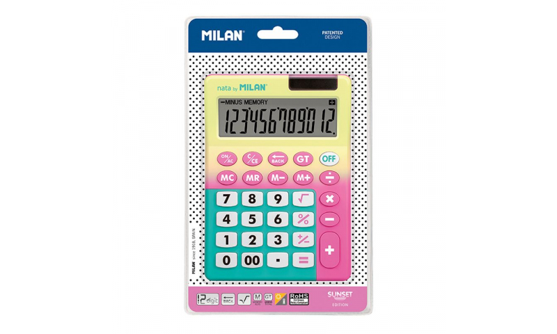 Milan Sunset 12 Digit Desk Calculator, in Hanging Pack, 2 colours to choose.