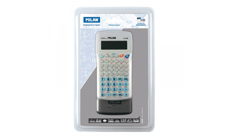Milan Scientific Calculator, 10+2 Digits, Hard Case Cover, 228 Functions, Sharp Logic
