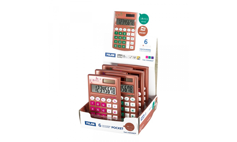 Milan Copper Pocket Touch Calculators in Display, 3 asstd