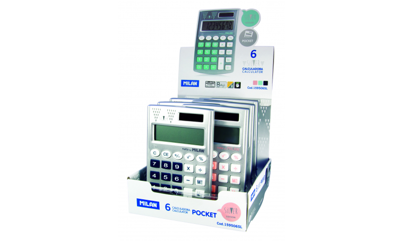 Milan Silver Pocket Calculator 8 digit, Slim, Rubber Buttons, Asstd Trims (New Lower Price for 2022)