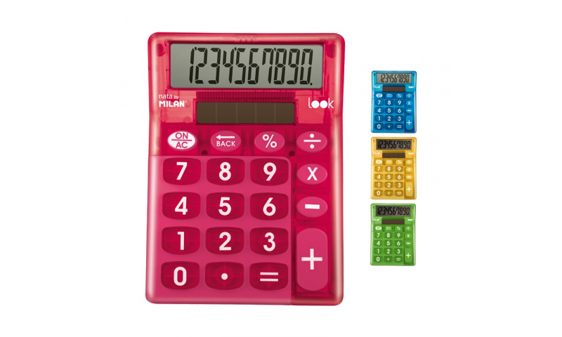 Milan Desk Calculator, 10 Digit, Look Translucent Neon CDU.  (New Lower Price for 2022)