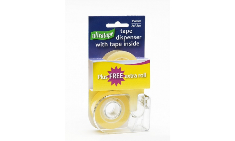 Ultratape 19 x 33M Clear Tape, card of 2 rolls with Dispenser.