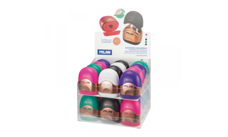 Milan Copper Canister Sharpener, Asstd Colours, in CDU  (New lower price for 2022)
