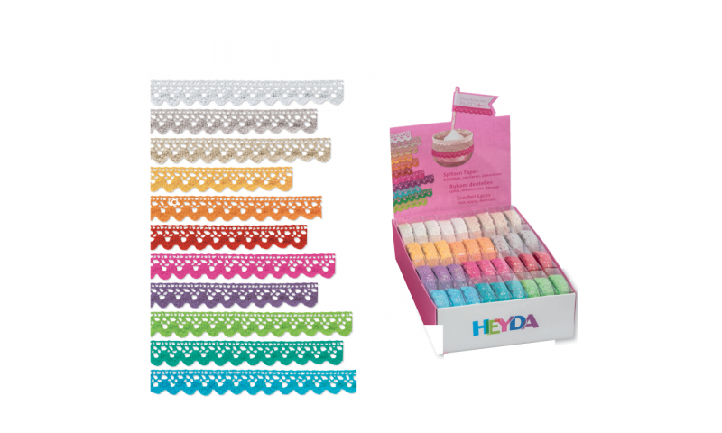Heyda Cotton Lace Tape, 11 Asstd Colours, 15mm x 2M in Dispenser