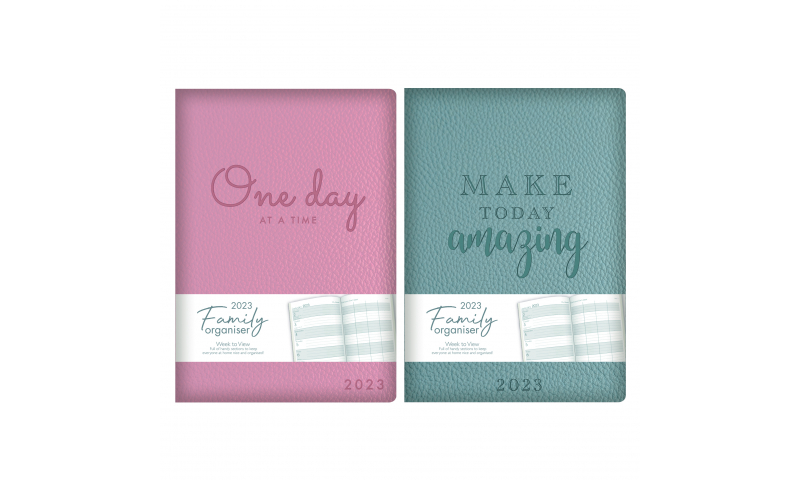 A5 Family Weekly Organiser 2023 with Pen. Soft Embossed cover, 2 Asstd