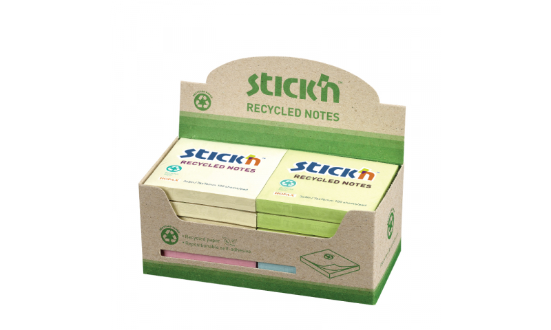 Stick'N Recycled Notes Display Size: 3x3”, 4 Asstd