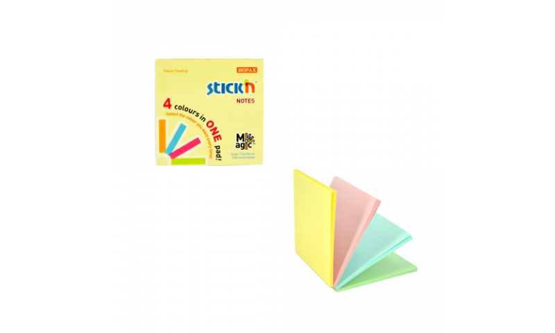 Stick'N Magic Stick“N” Notes Pastel Always Open At Each Colour, 4 Colours in One Pad, 100 Sheet Pad Size 76x76mm (3x3)