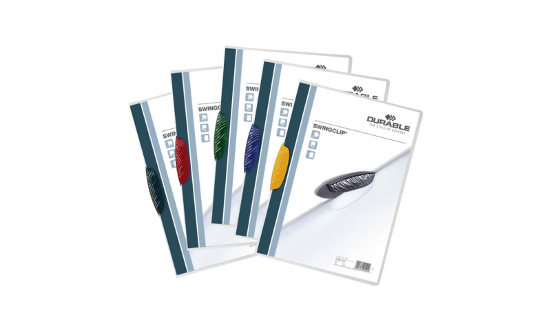 Durable Swingclip A4 Plastic Clear Front File, 30 Sheets, Asstd or Solid Colours (New Lower Price for 2022)