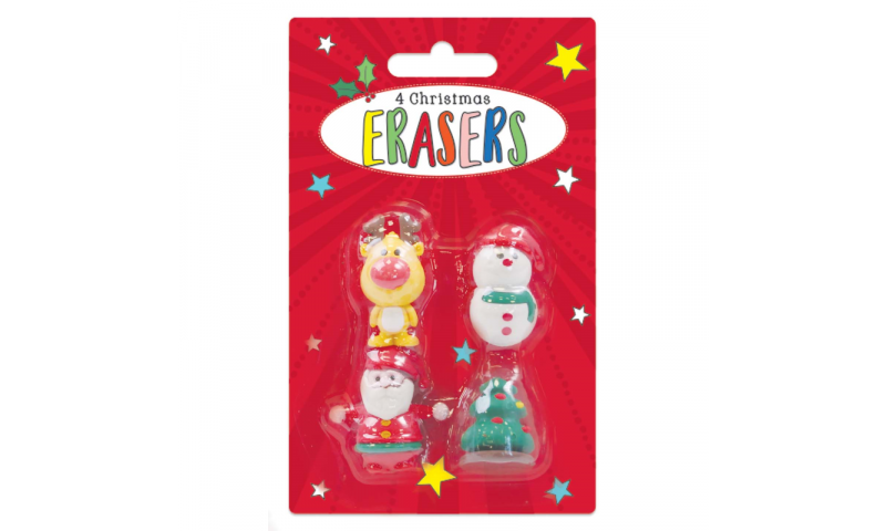 Xmas 3D Shaped Erasers, 4 pack Assorted, Carded