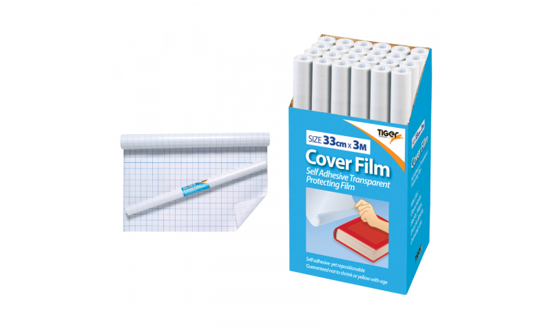 Tiger Book Covering Film Roll, clear, Acid Free, Repositionable, 33cm x 1 metre.