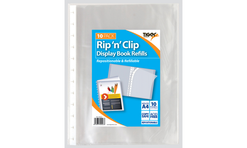 Tiger Pack of 10 Rip'n'Clip A4 Refill Punched Pockets