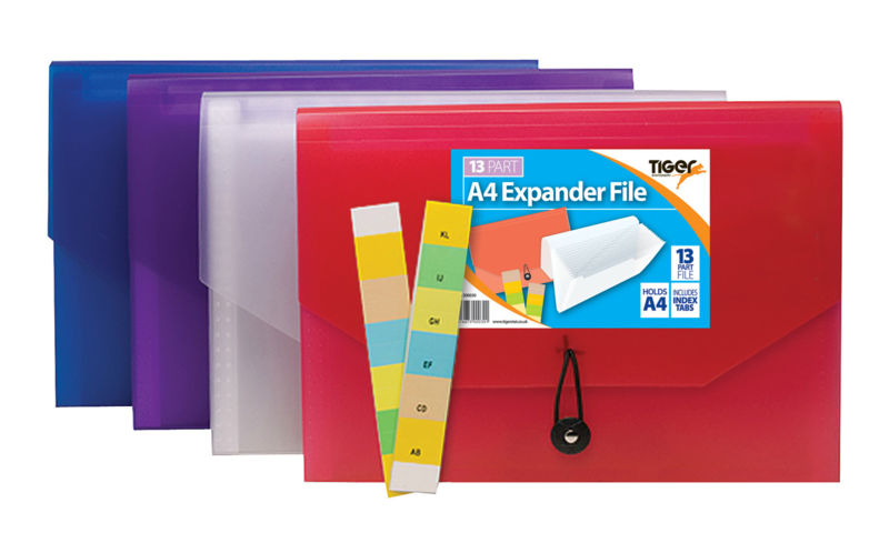 Tiger A4 Bright 13 Part Polyprop Expander File - 4 Assorted, Indexable Tabs