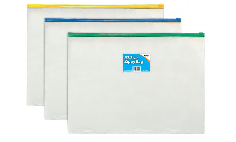 Transparent PVC Zippy Bags A3+ Multi purpose paper holders Plastic closures Assorted colour zips