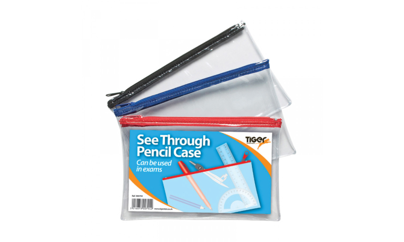 Tiger Pencil Case, Clear, Medium, Exam style, 200x125mm Asstd Zip Trims