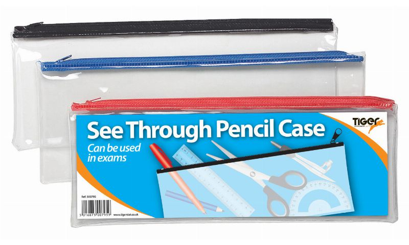 Tiger Pencil Case, Clear, Long, Exam style, Asstd Trims (New Lower Price for 2022)