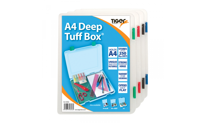 Tiger Tuff Box A4 Deep 40mm 250 Sheet capacity, Snap Lock, Asstd Colour Trims.