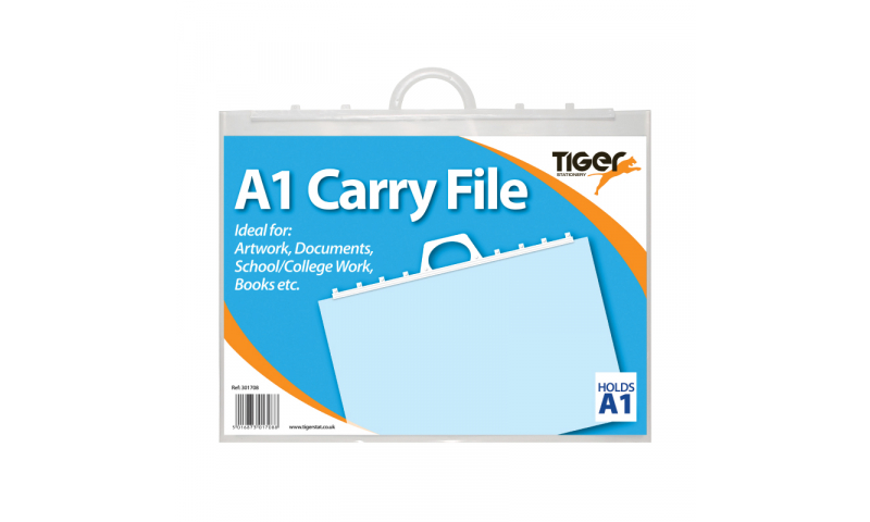 Tiger A4+ Art Carry File H/Duty Clear Polythene, Clip Locking Top, very strong Handle