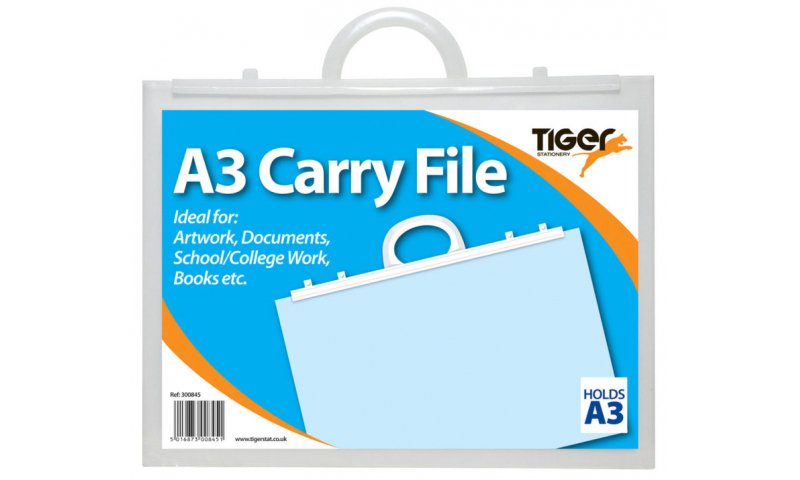 Tiger A3 Art Carry File H/Duty Clear Polythene, Clip Locking Top, very strong Handle.