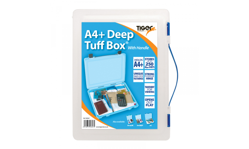 Tiger Tuff Box A4 Plus Deep with handle, 40mm, 250 Sheet capacity, Carry Handle, Asstd Colour Trims, Snap Locks.