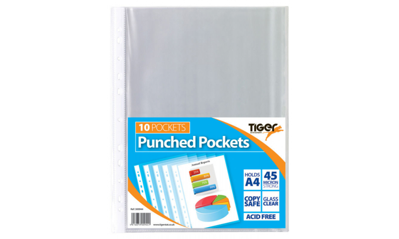 Tiger Eco A4 Punched Pockets,  Strong 45mic, Pack of 10