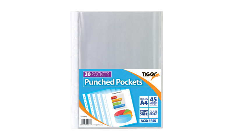 Tiger ECO A4 Punched Pockets, Strong 45mic, Pack of 30, 100% Recycled
