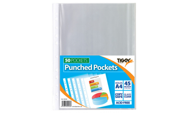 Tiger ECO A4 Punched Pockets, Strong 45mic, Pack of 50. 100% Recycled