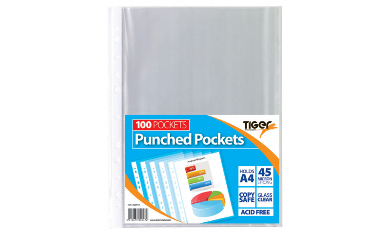 Tiger ECO A4 Strong 45mic Punched Pockets 100pk, Bagged. 100% Recycled